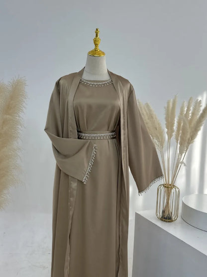 Silky Satin Party Abayas Set 2 Piece with 2 Diamond Chains Cardigan Robe